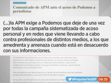 Frame 33.043888 de: La Asociación de la Prensa de Madrid exige a Podemos que abandone la campaña de "acoso personal" y "amenazas" a profesionales de los medios