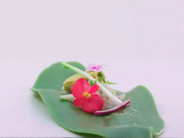 Tiradito de cigala con salmorejo, helado de tomate y aguacate Tiradito de cigala con salmorejo, helado de tomate y aguacate