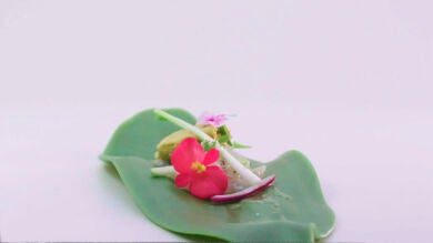 Tiradito de cigala con salmorejo, helado de tomate y aguacate