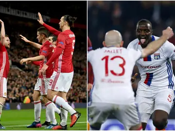 El Manchester United y el Olympique de Lyon celebrando un gol El Manchester United y el Olympique de Lyon celebrando un gol