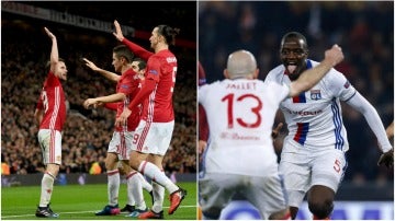 El Manchester United y el Olympique de Lyon celebrando un gol