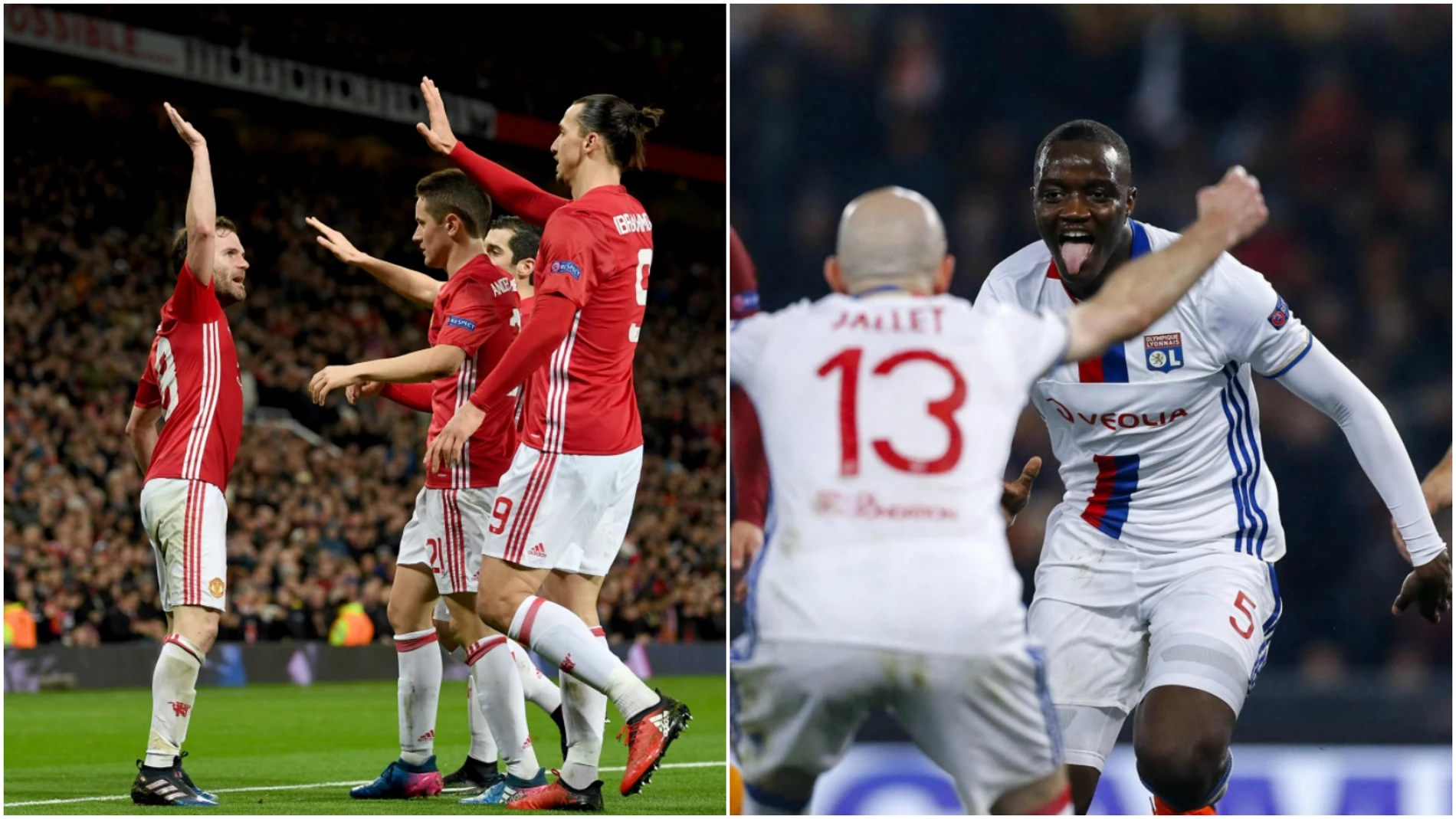 El Manchester United y el Olympique de Lyon celebrando un gol El Manchester United y el Olympique de Lyon celebrando un gol