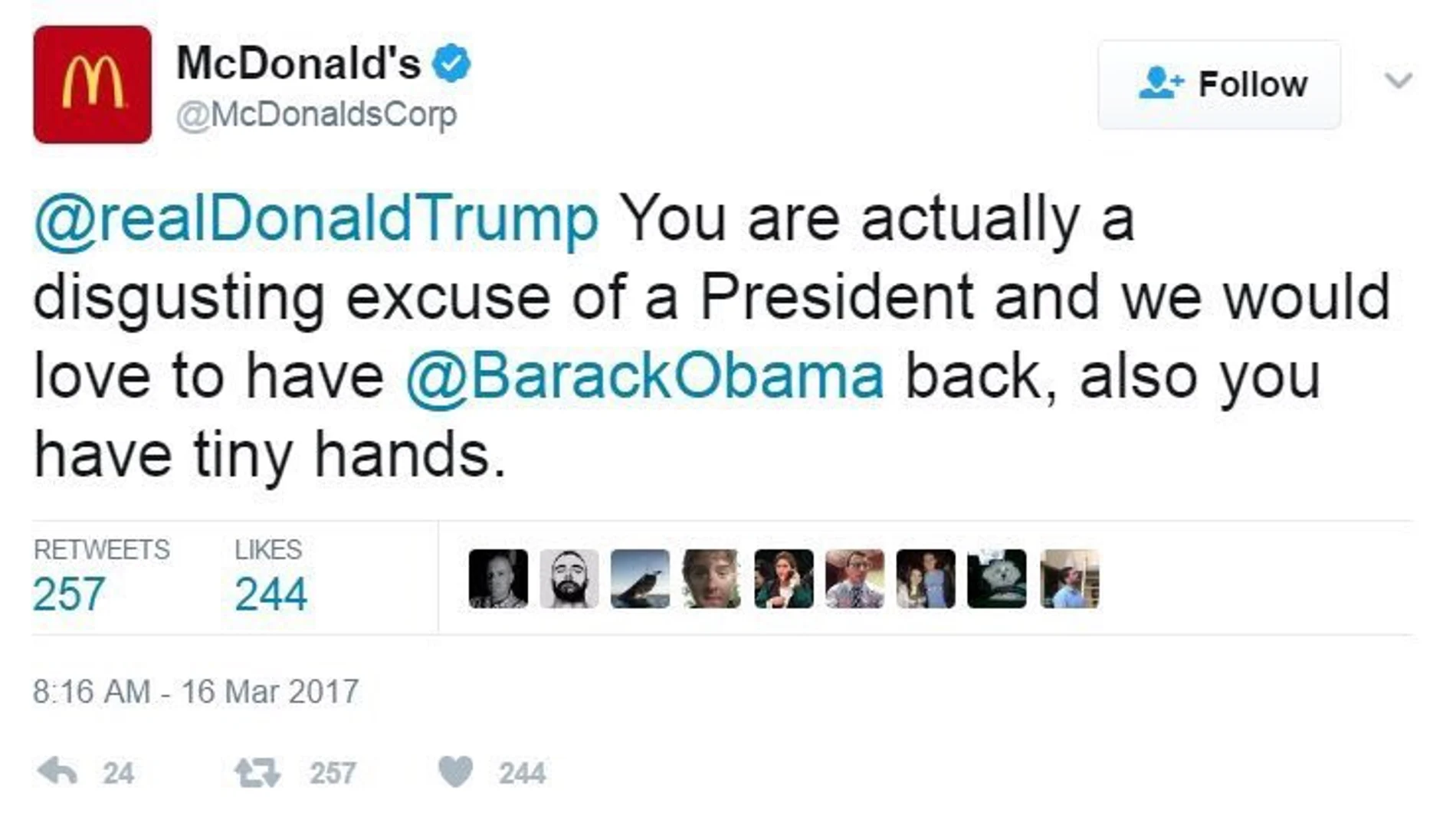 Tuit de McDonald's contra Trump Tuit de McDonald's contra Trump