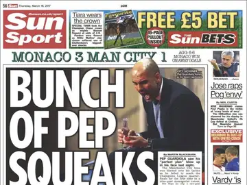 Guardiola, en la portada del 'Sun Sport' Guardiola, en la portada del 'Sun Sport'