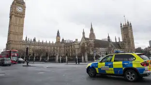 Agentes de policía británicos ante el Parlamento en Londres Agentes de policía británicos permanecían en guardia tras el tiroteo ante el Parlamento en Londres