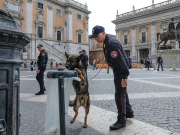 Carabinieri y perros comprueban los alrededores del Palacio Campidoglio Carabinieri y perros comprueban los alrededores del Palacio Campidoglio