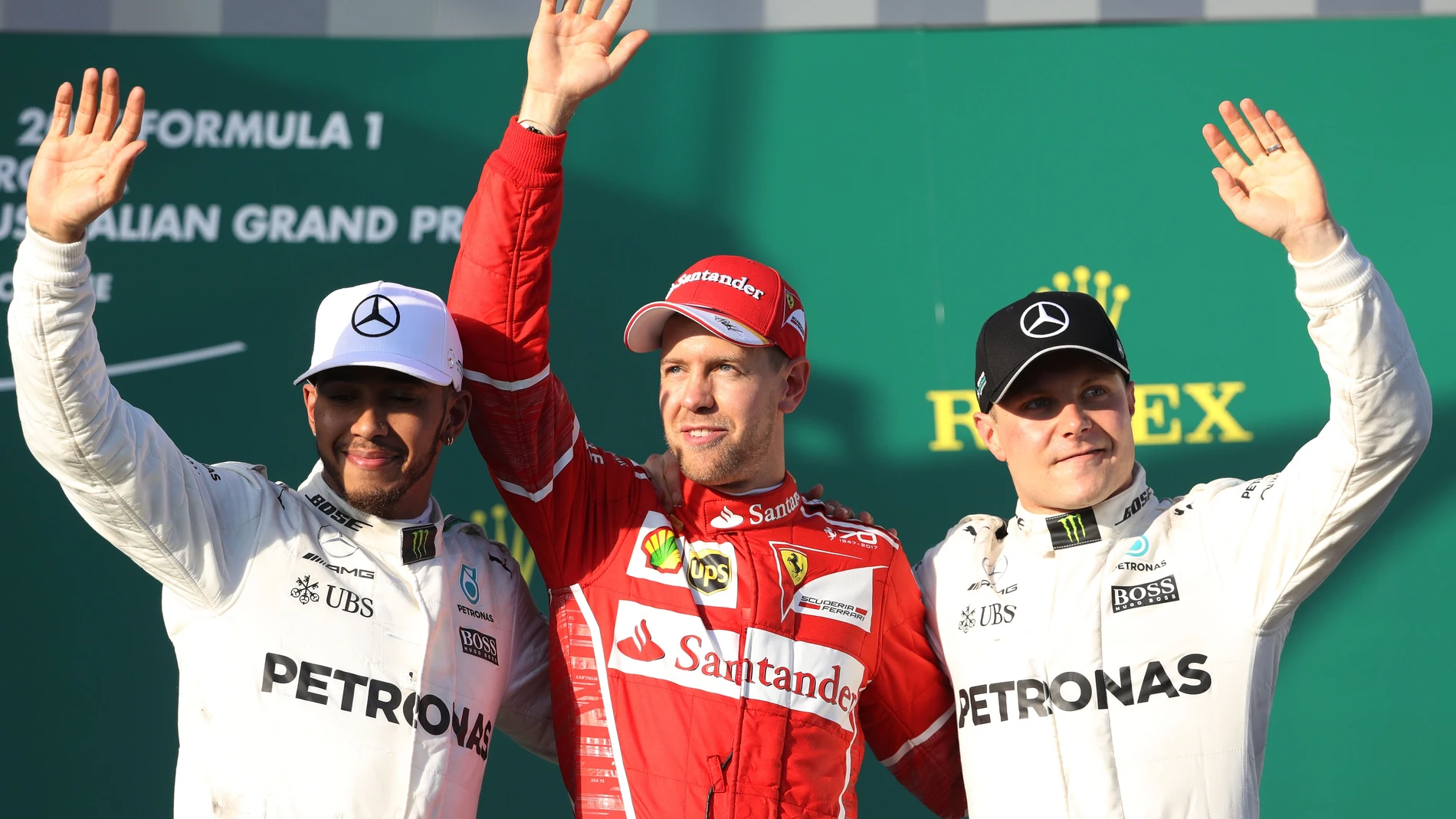 Vettel, junto a Hamilton y Bottas en el podio