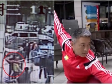 Momento en que el obrero es rescatado en el aire Momento en que el obrero es rescatado en el aire