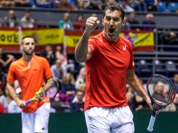 Los serbios Nenad Zimonjic y Viktor Troicki celebran un punto en la Copa Davis