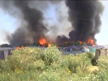 Frame 4.398075 de: Un incendio calcina un asentamiento de inmigrantes en Lepe, Huelva