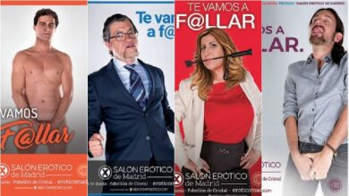 El Salón Erótico de Madrid usa la imagen de Rajoy, Rivera, Díaz e Iglesias en su cartel: 'Te vamos a f@llar'