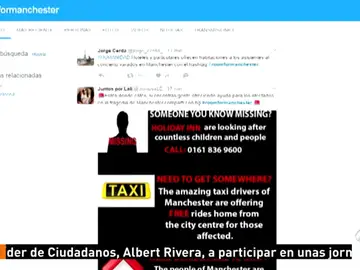 Frame 16.382777 de: El hashtag 'Room for Manchester' y viajes gratis en taxi muestran la cara solidaria de la sociedad tras el ataque terrorista en Manchester Frame 16.382777 de: El hashtag 'Room for Manchester' y viajes gratis en taxi muestran la cara solidaria de la sociedad tras el ataque terrorista en Manchester