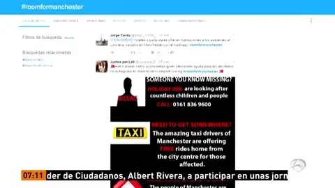 Frame 16.382777 de: El hashtag 'Room for Manchester' y viajes gratis en taxi muestran la cara solidaria de la sociedad tras el ataque terrorista en Manchester Frame 16.382777 de: El hashtag 'Room for Manchester' y viajes gratis en taxi muestran la cara solidaria de la sociedad tras el ataque terrorista en Manchester