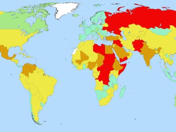 Países más y menos pacíficos: verde, turquesa, amarillo, naranja, rojo