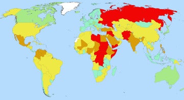 Países más y menos pacíficos: verde, turquesa, amarillo, naranja, rojo