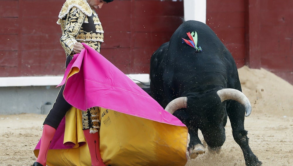 El diestro Enrique Ponce da un pase a su primer astado en el vigésimo segundo festejo de la Feria de San Isidro