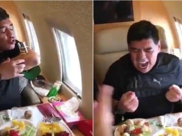 Maradona bebe chupitos en un avión