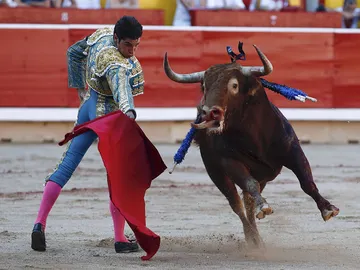 El diestro Cayetano Rivera con su primero durante el séptimo festejo de los Sanfermines El diestro Cayetano Rivera con su primero durante el séptimo festejo de los Sanfermines