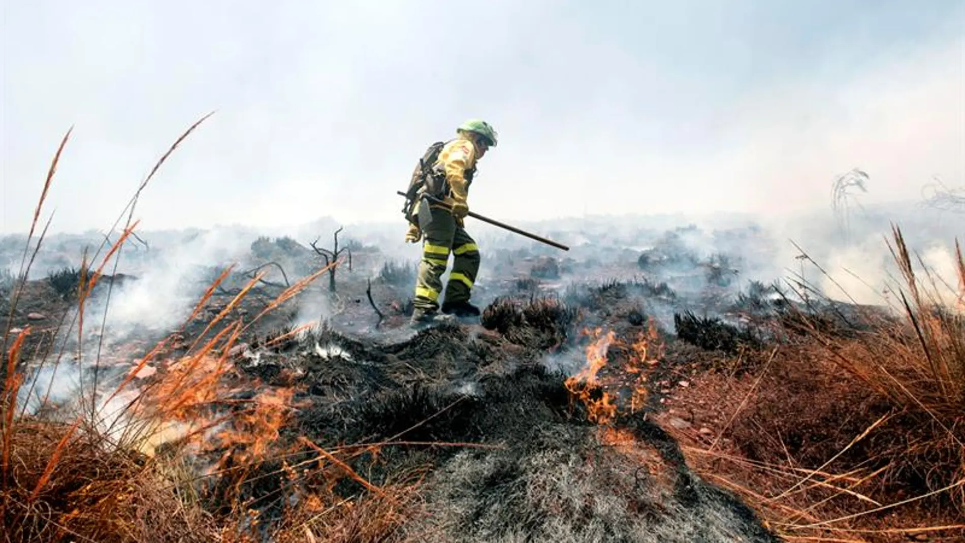 Un bombero trabaja en la extinción del incendio en el paraje de la Alhambra (Granada) Un bombero trabaja en la extinción del incendio en el paraje de la Alhambra (Granada)