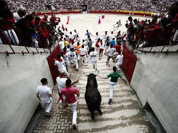 Los toros de Núñez del Cuvillo entran en la plaza en el séptimo encierro de San Fermín Los toros de Núñez del Cuvillo entran en la plaza en el séptimo encierro de San Fermín