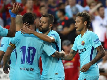 Los jugadores del Barcelona celebran el gol de Neymar ante el Manchester United