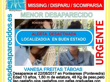 Localizada "en perfecto estado" en Mondariz la menor de Ponteareas (Pontevedra) desaparecida desde el martes Localizada "en perfecto estado" en Mondariz la menor de Ponteareas (Pontevedra) desaparecida desde el martes