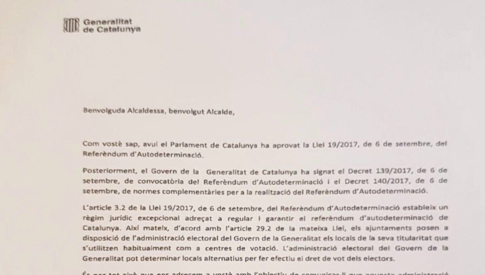 Carta de Puigdemont a los alcaldes catalanes