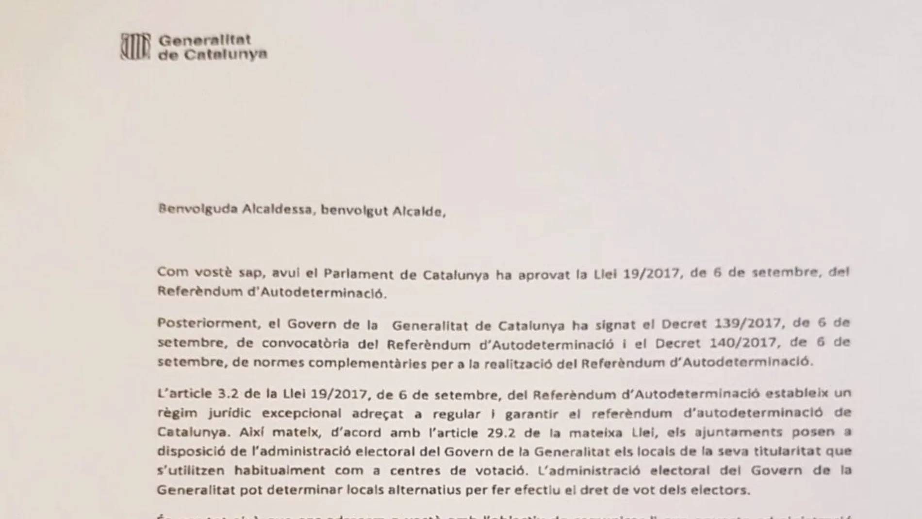 Carta de Puigdemont a los alcaldes catalanes Carta de Puigdemont a los alcaldes catalanes