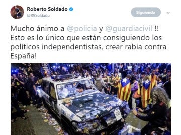 El tuit de Roberto Soldado referido a la situación en Cataluña