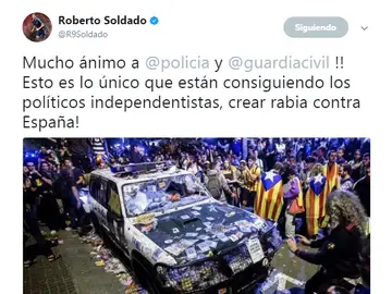 El tuit de Roberto Soldado referido a la situación en Cataluña El tuit de Roberto Soldado referido a la situación en Cataluña