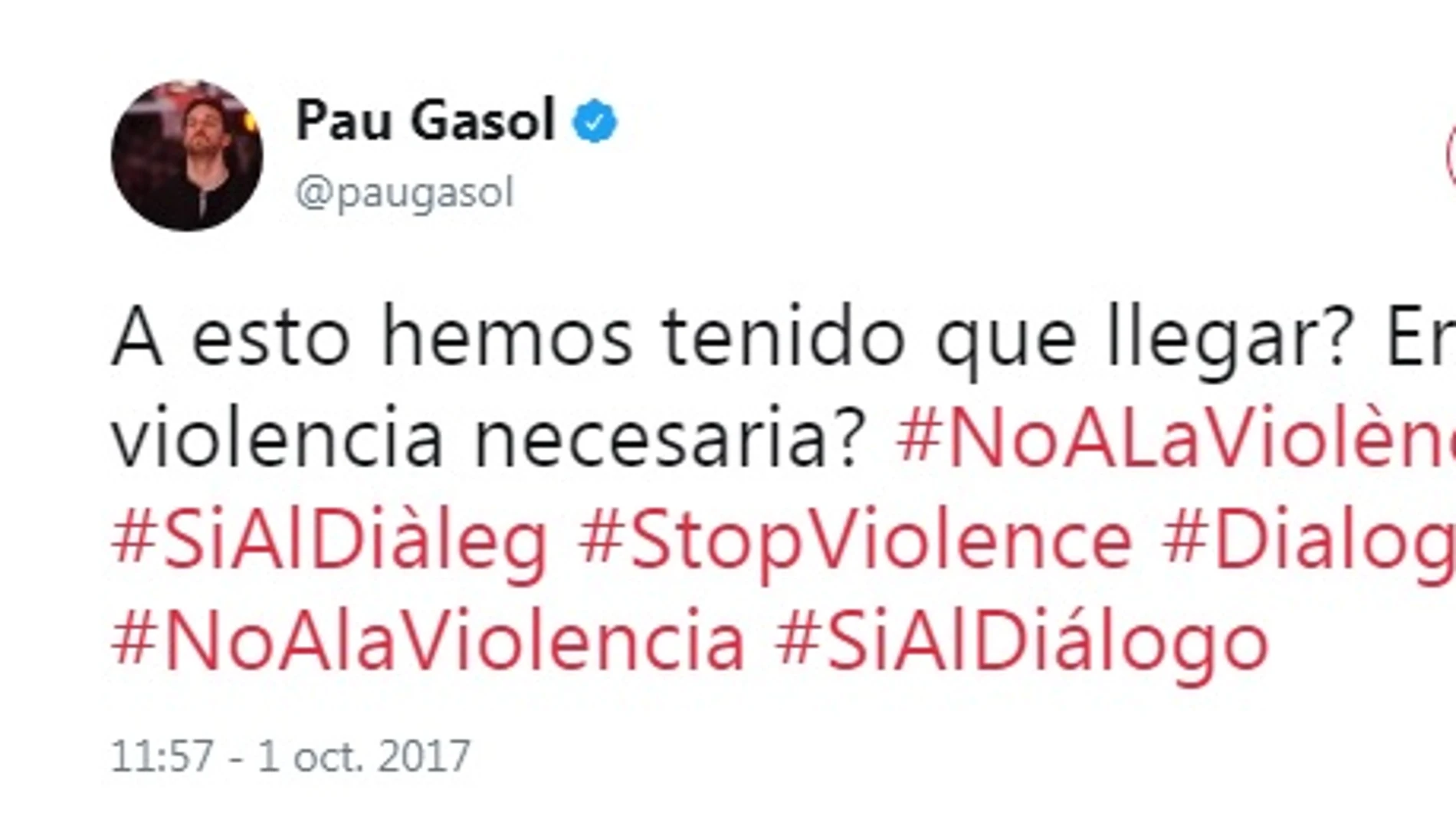 Pau Gasol condena la violencia empleada durante el referéndum ilegal Pau Gasol condena la violencia empleada durante el referéndum ilegal
