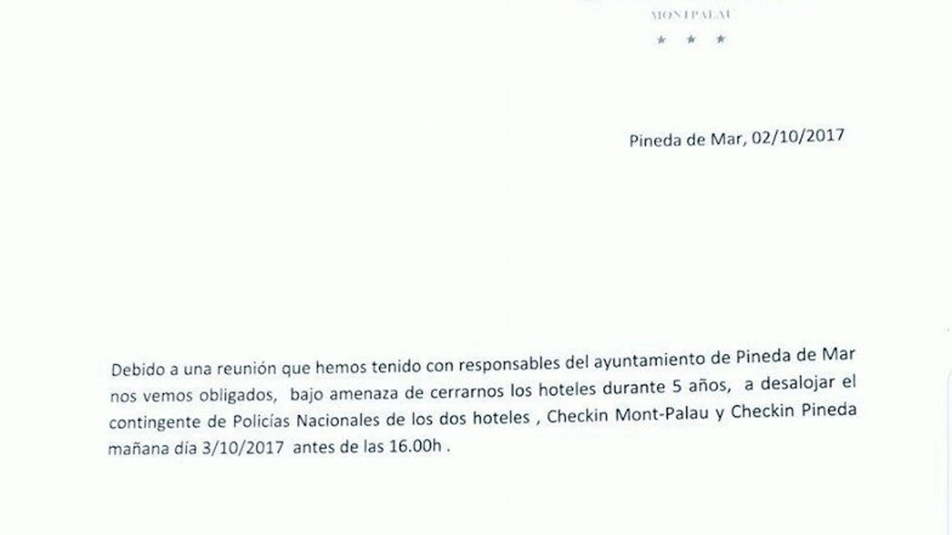 Carta del gerente de dos hoteles de Pineda a la Policía informando del desalojo Carta del gerente de dos hoteles de Pineda a la Policía informando del desalojo
