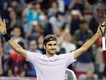 Federer celebra la victoria contra Del Potro Federer celebra la victoria contra Del Potro