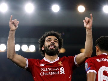 Salah celebra su gol contra el Maribor en Anfield