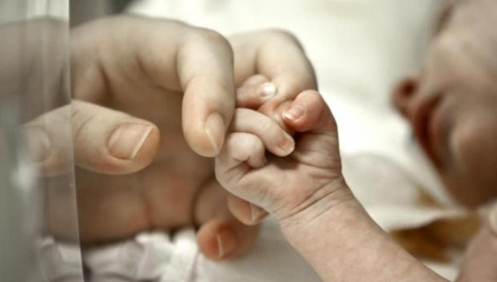 Un bebe coge de la mano a su madre