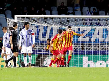 Los jugadores del Lleida celebran un gol en Anoeta Los jugadores del Lleida celebran un gol en Anoeta