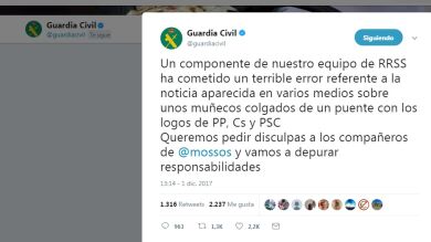 La Guardia Civil se disculpa por un tuit que cuestionaba la profesionalidad de los Mossos