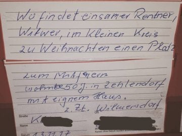 La nota de un viudo alemán que busca compañía por Navidad