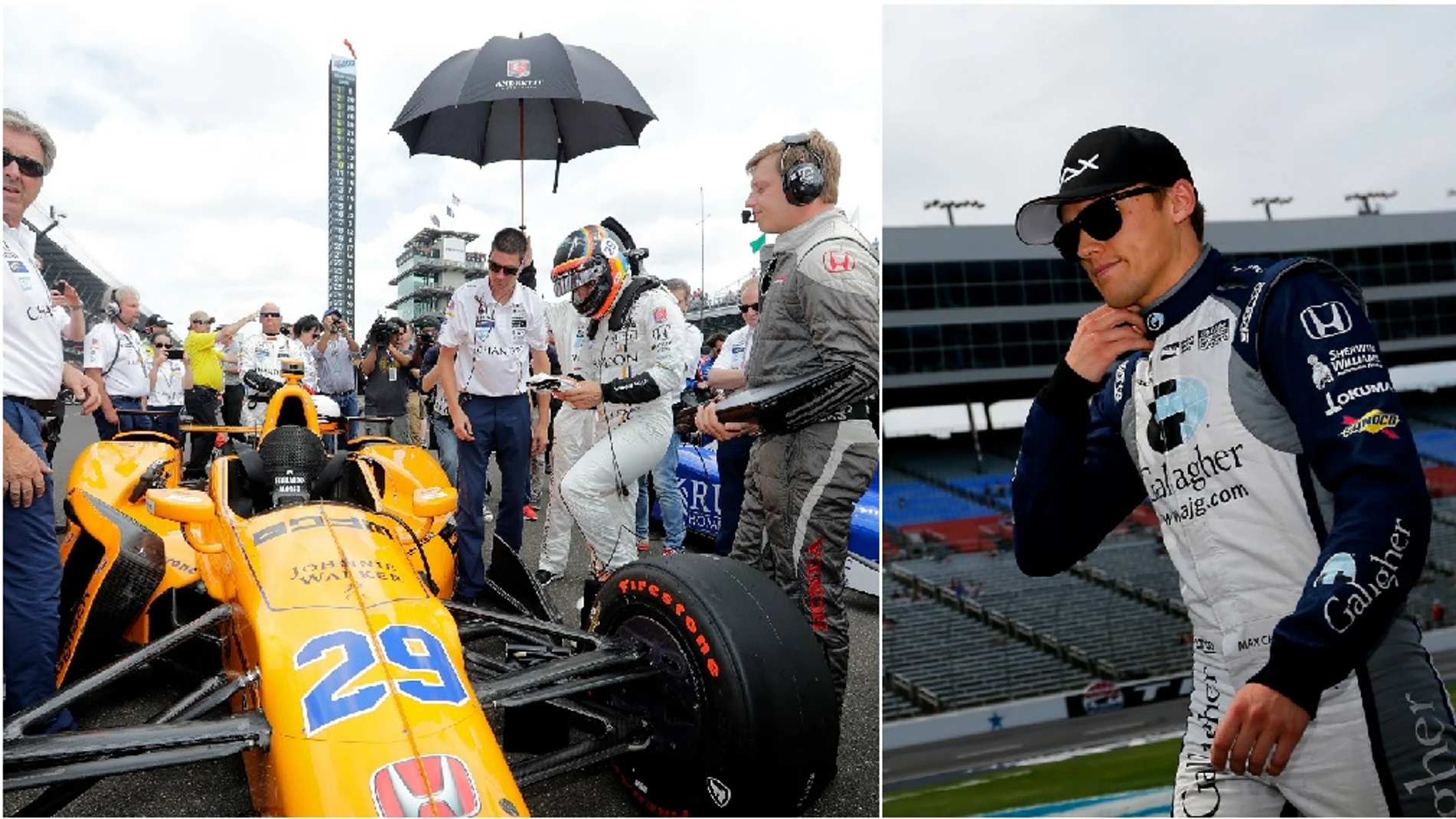 Fernando Alonso se sube a su monoplaza en la Indy; Max Chilton camina por un circuito