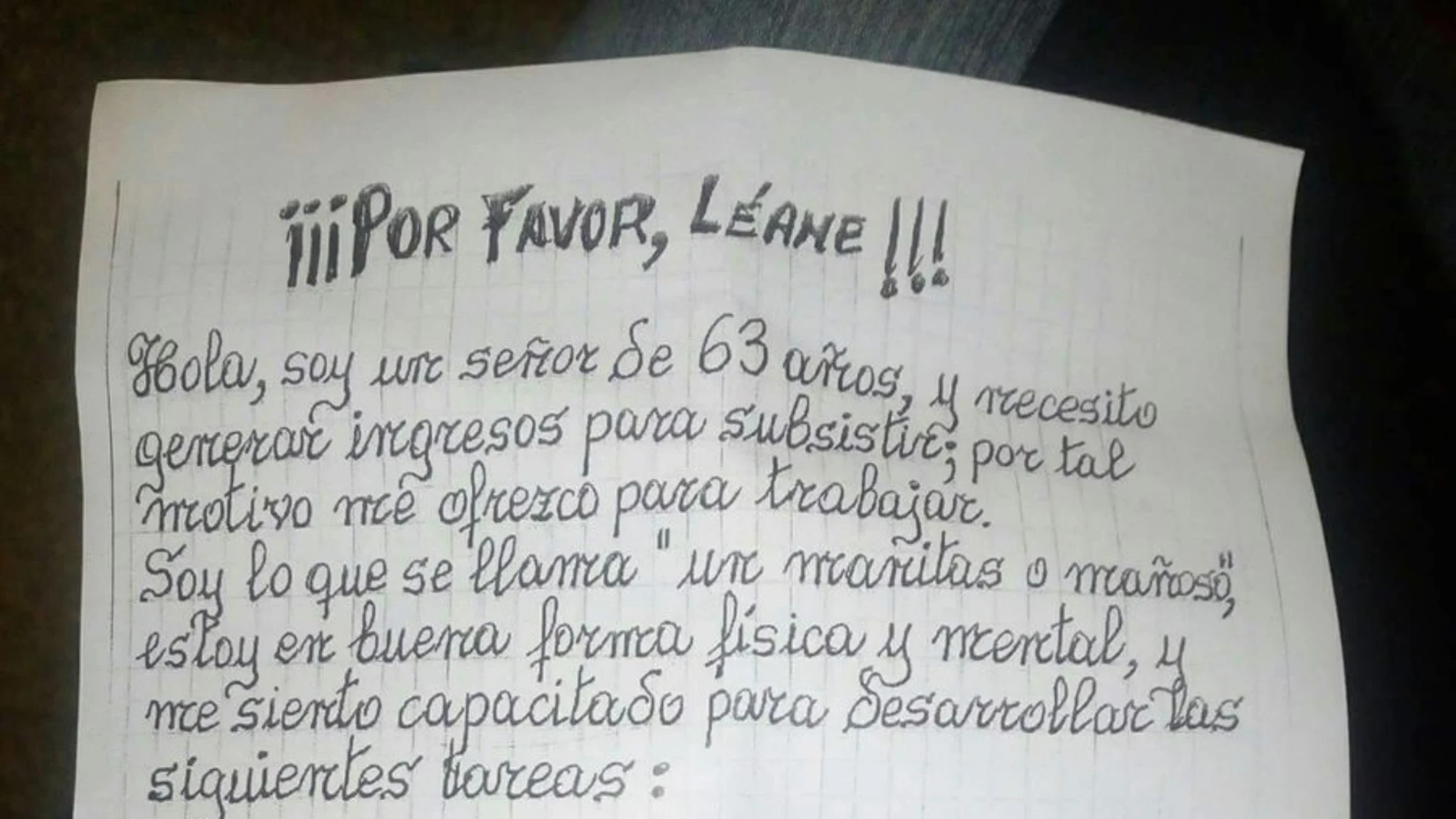 La carta de un hombre que busca trabajo en Valencia La carta de un hombre que busca trabajo en Valencia