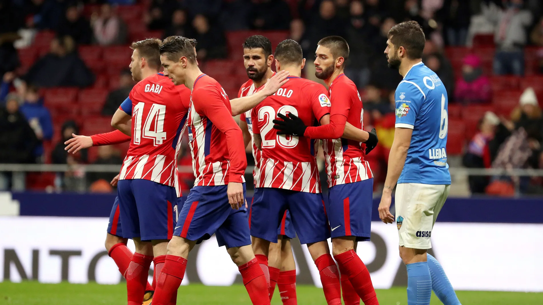 Los jugadores del Atlético celebran un gol ante el Lleida Los jugadores del Atlético celebran un gol ante el Lleida