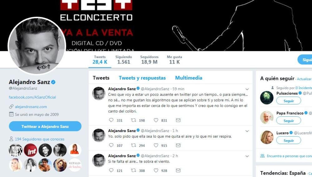 El mensaje de Alejandro Sanz con el que informa de su ausencia en Twitter