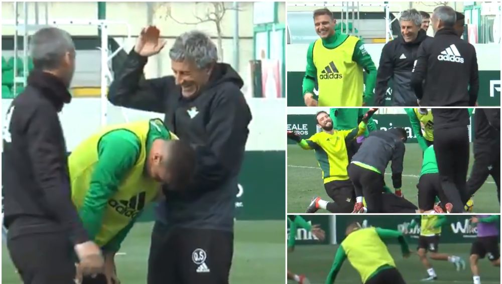 Graciosa caída de Joaquín durante el entrenamiento del Betis