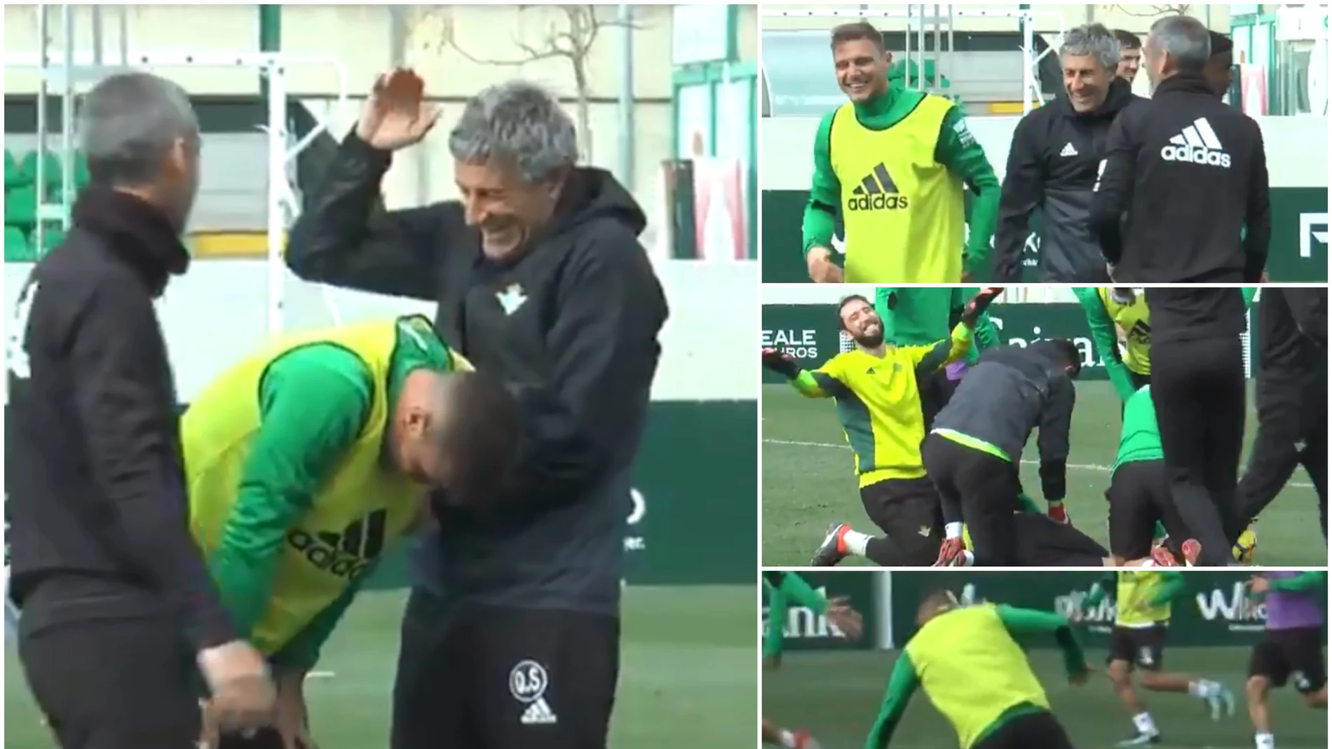 Graciosa caída de Joaquín durante el entrenamiento del Betis Graciosa caída de Joaquín durante el entrenamiento del Betis