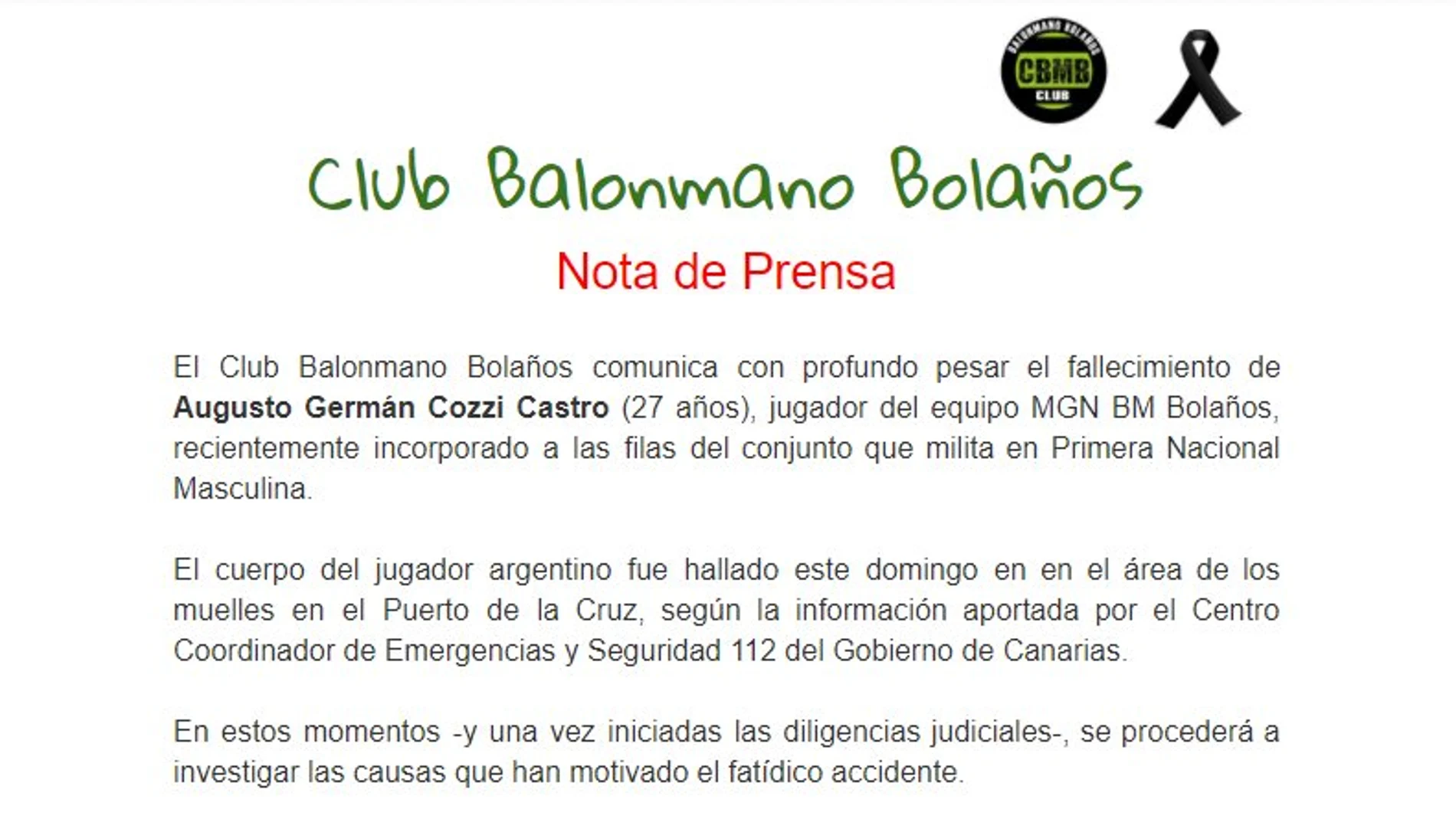 El comunicado del Bolaños informando de la trágica noticia El comunicado del Bolaños informando de la trágica noticia