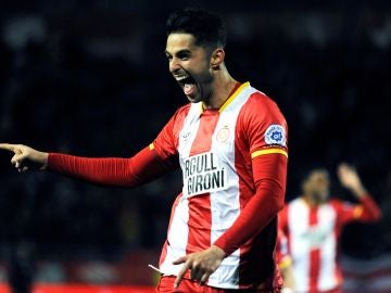 El defensa del Girona, Juan Pedro Ramírez, celebra el 2-0 ante el Deportivo