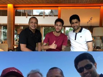 Neymar y su padre posan con Al-Khelaifi en Brasil