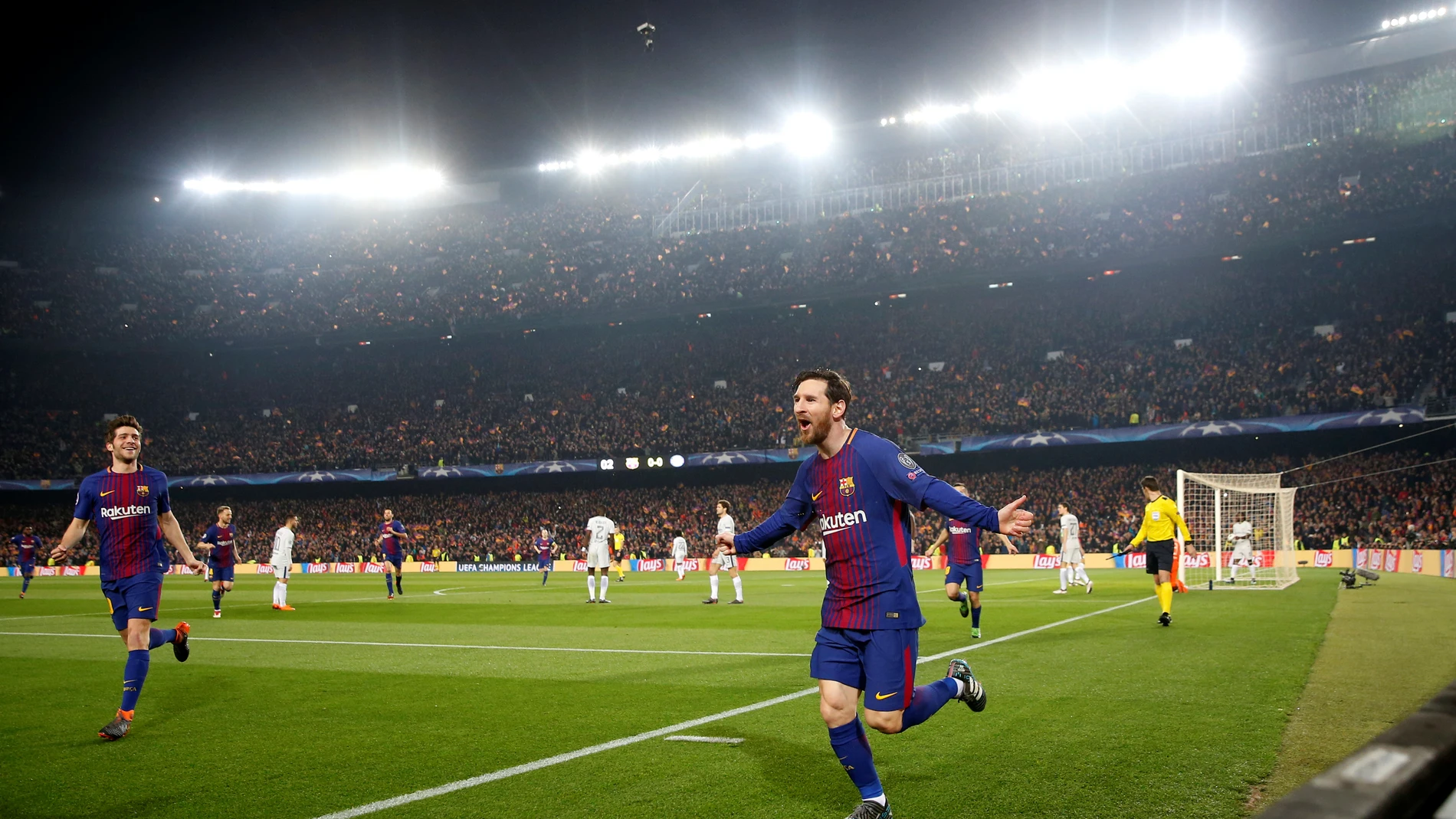 Messi celebra su primer gol contra el Chelsea