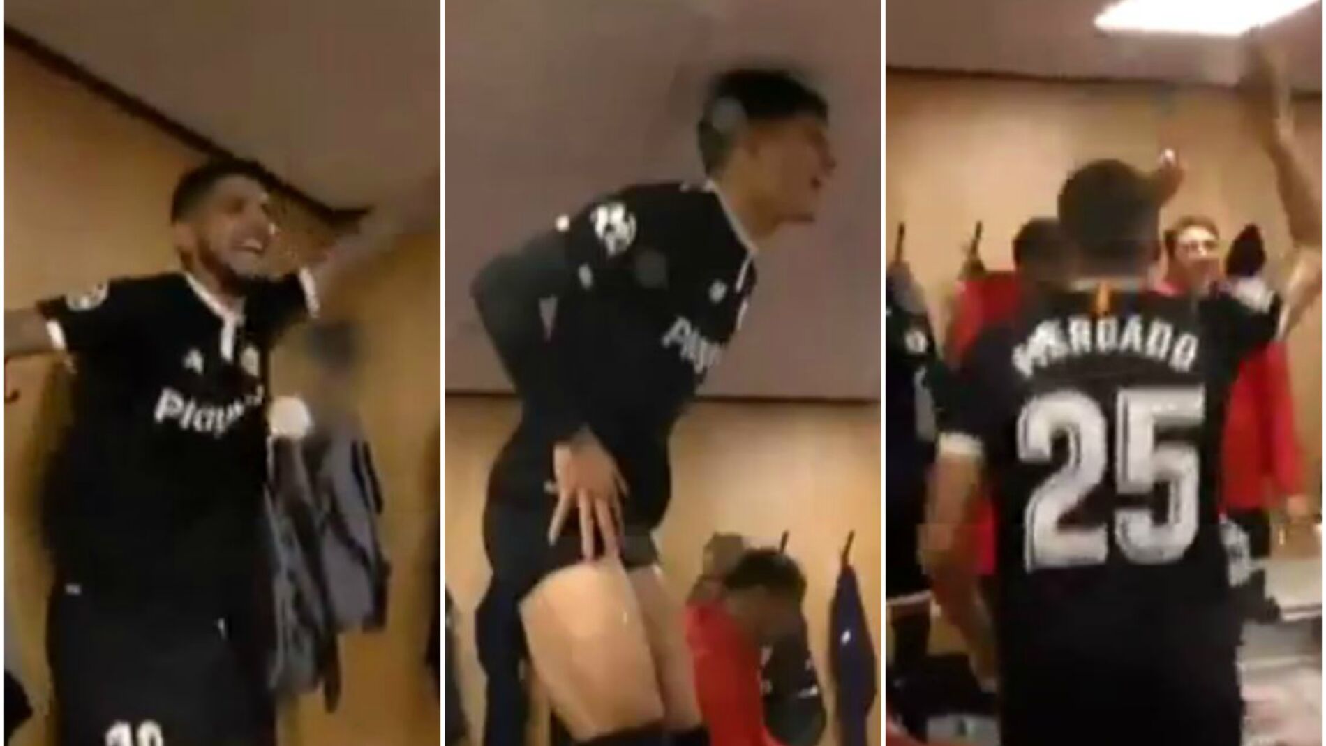 Euforia en el Sevilla tras ganar en Old Trafford