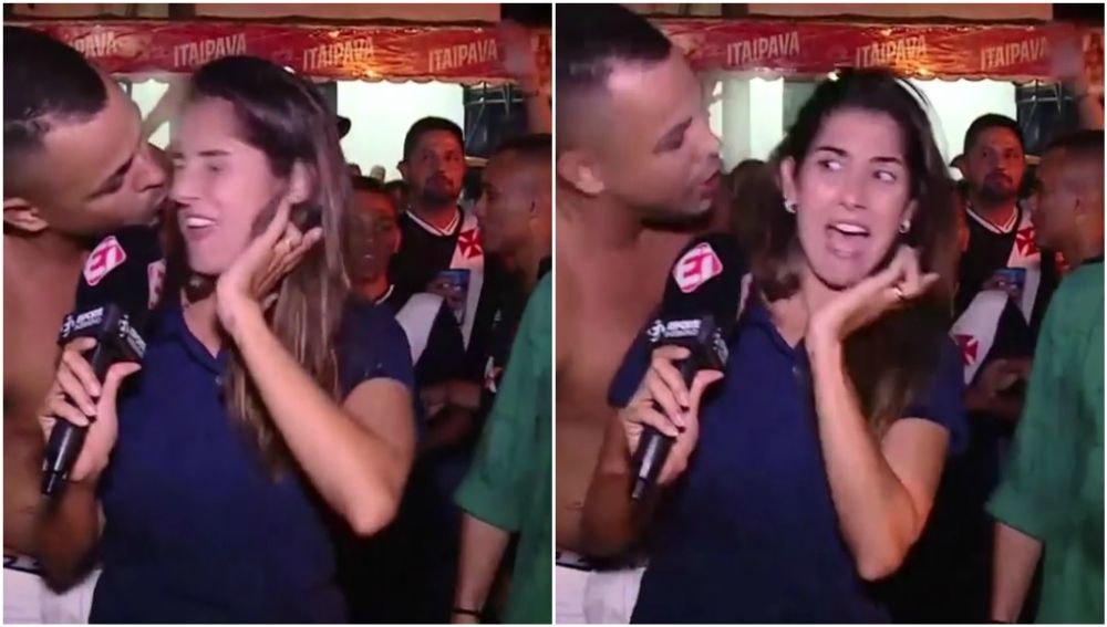 Un hincha besa a una periodista brasileña en pleno directo